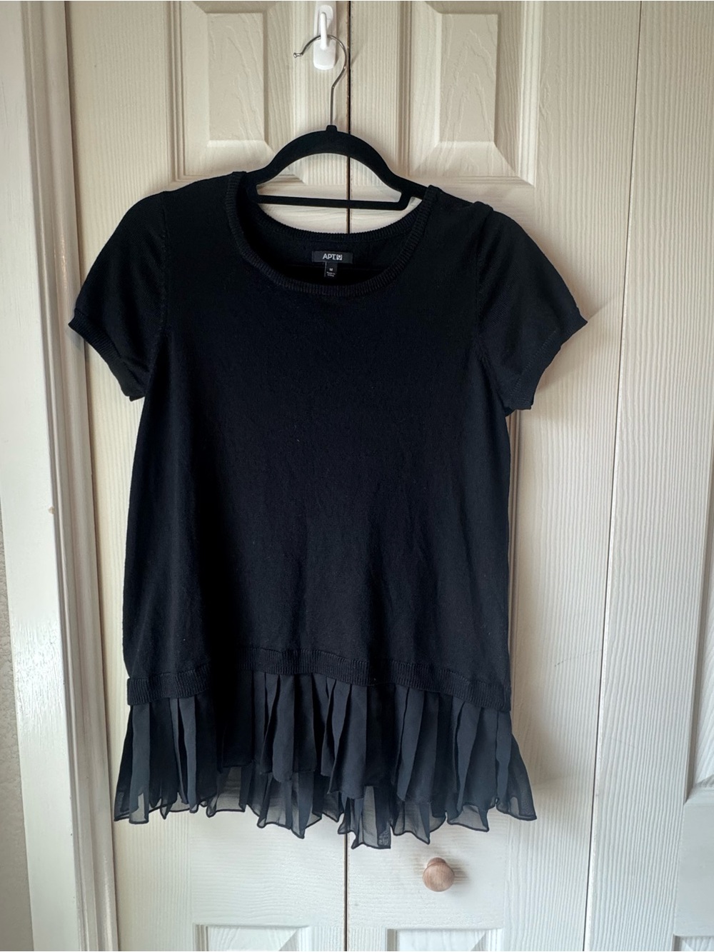 Apt. 9 Black Short-Sleeve Knit Top with Chiffon Ruffle Hem